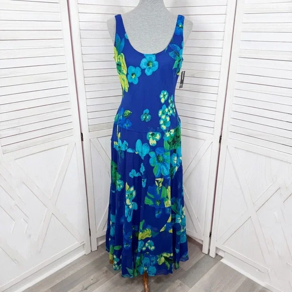 New Directions Tropical Flower Print Tiered Maxi Slip Dress Blue Green 10 - Picture 1 of 11